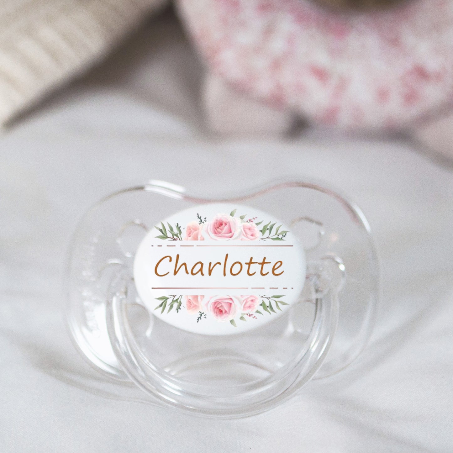 personalised baby dummy with floral flower girl design and name
