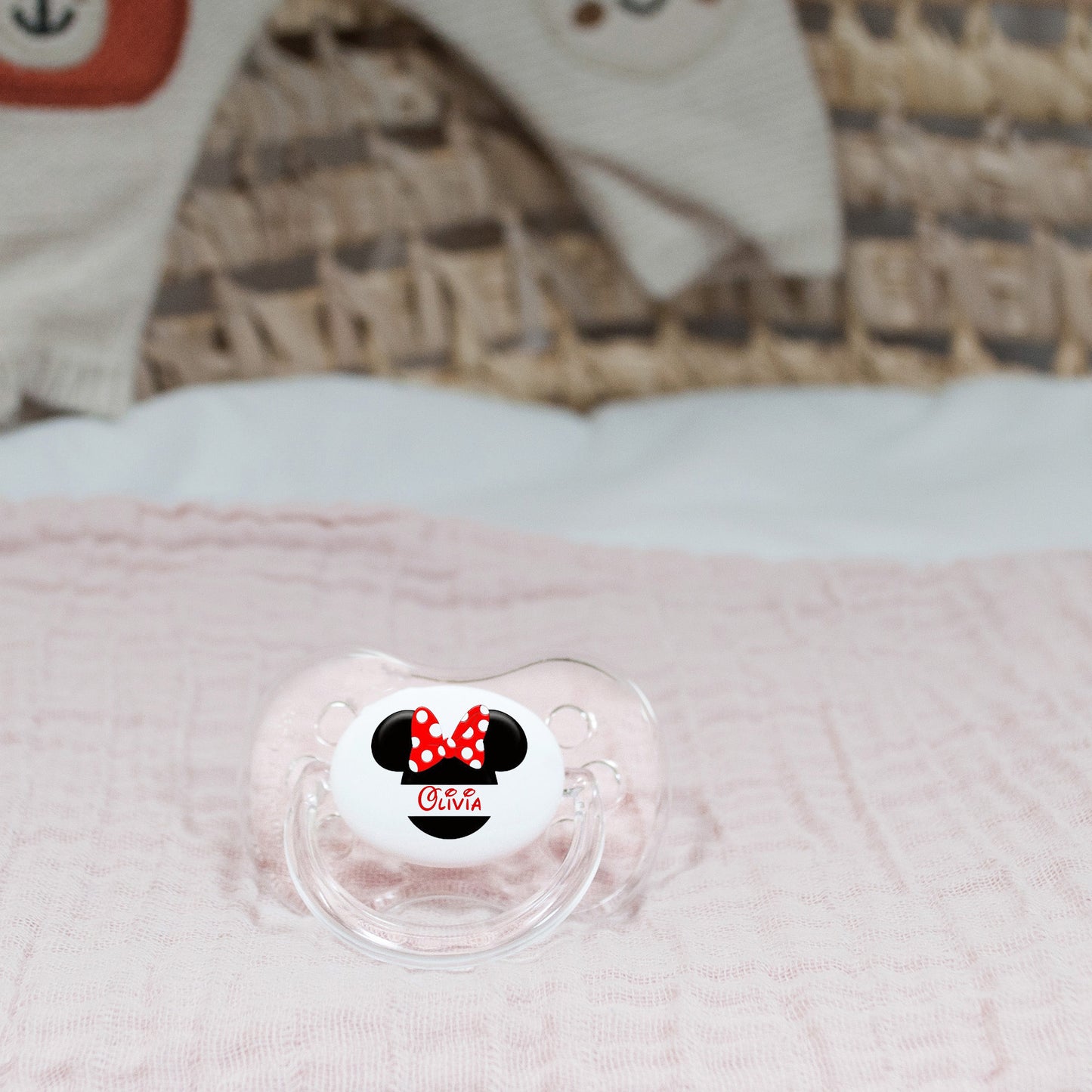 Personalised baby dummy with mouse head and name