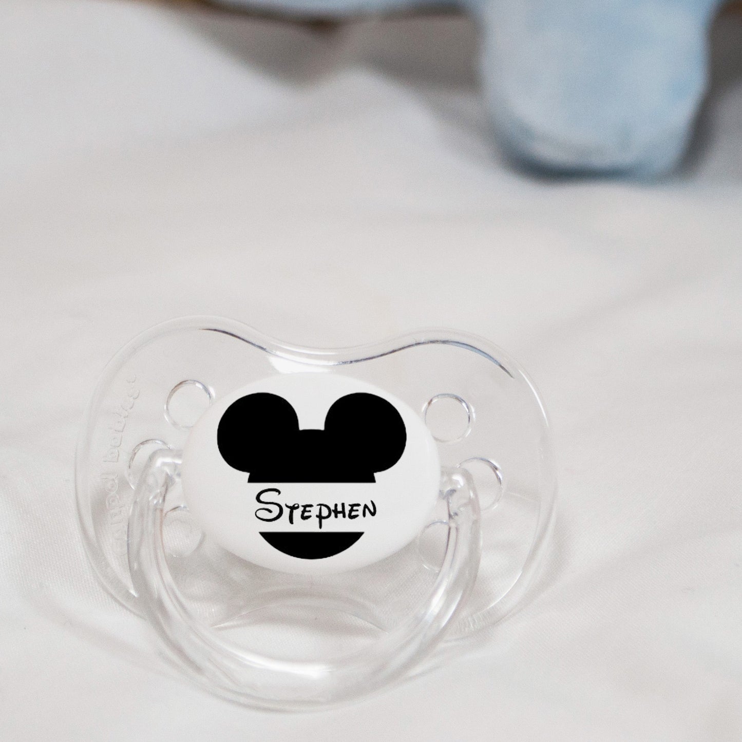 Personalised baby dummy with mouse head and name