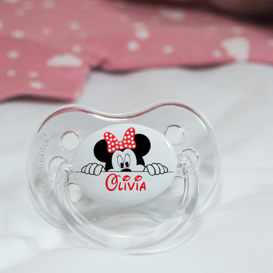 Personalised baby dummy with Minnie Mouse and name